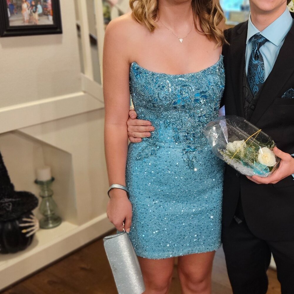 Sherri Hill Turquoise Sequin Strapless Cocktail Dress